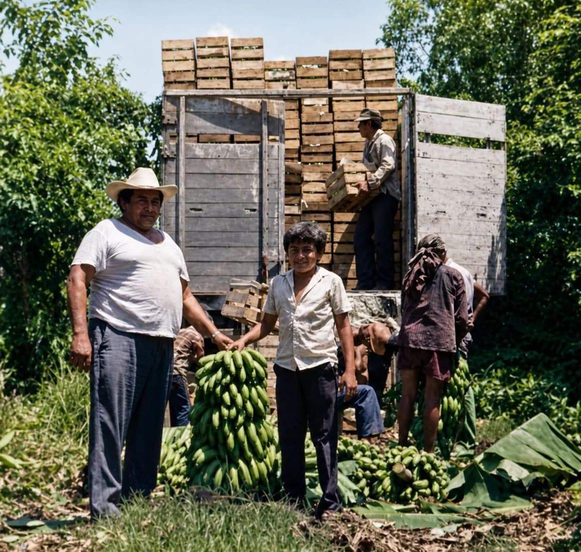 Fotografía antigua de las primeras cosechas de banano en la finca familiar